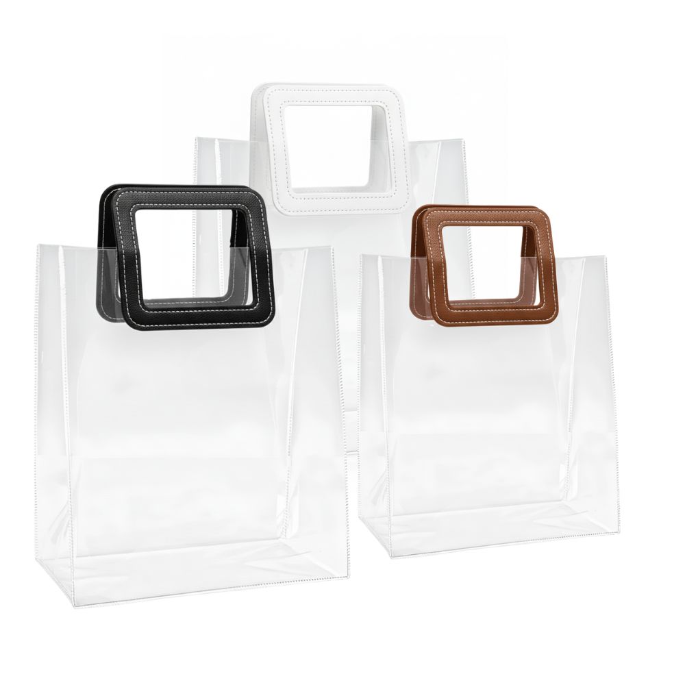 Sacolas para Presente Transparente PVC com Alça Quadrada de Couro