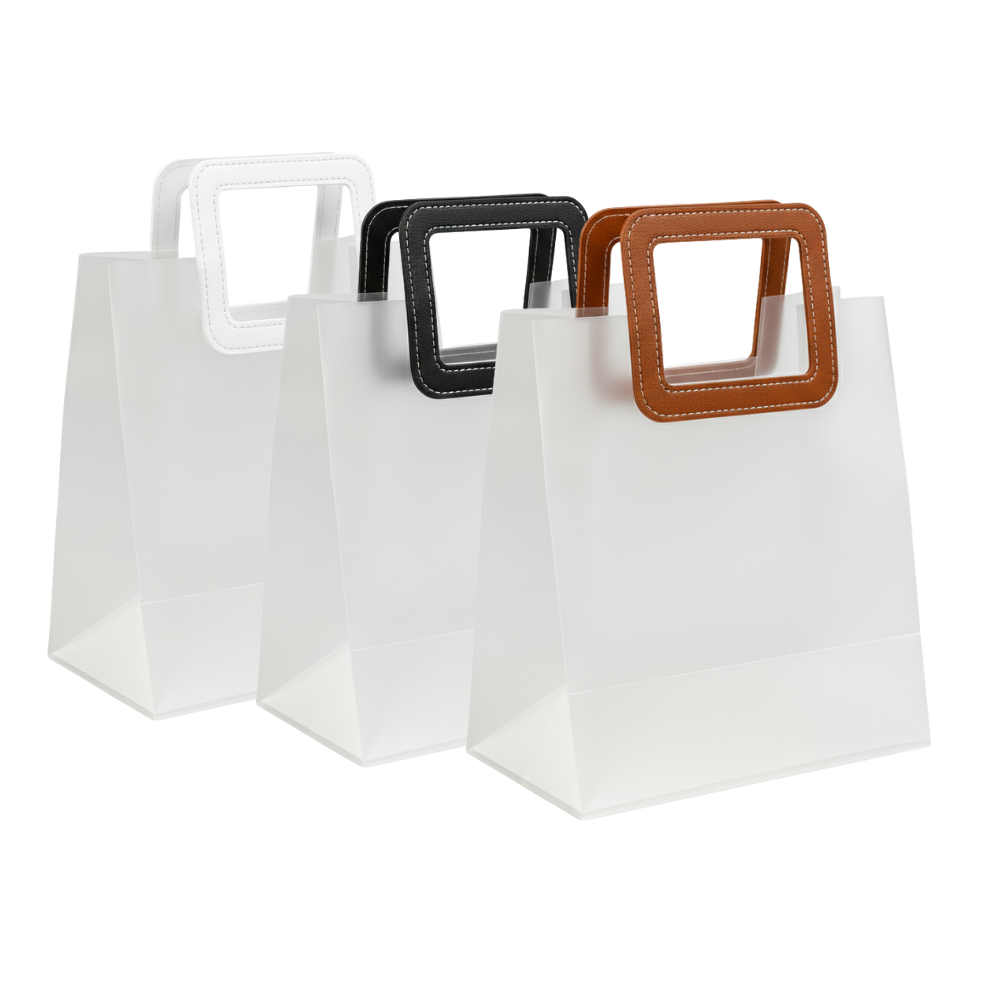Sacolas para Presente Transparente Fosca com Alça Quadrada de Couro
