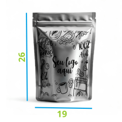 Saco Stand Up Pouch Metalizado 19 cm x 26+4 cm x 0,200 mm Personalizado Flexografia (frente e verso)