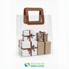 Sacolas para Presente Transparente PVC com Alça Quadrada de Couro