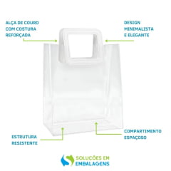 Sacolas para Presente Transparente PVC com Alça Quadrada de Couro