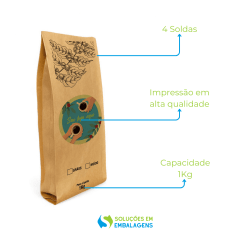 Embalagem para Café 1Kg 4 Soldas Kraft com Impressão Digital