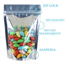Saco Stand Up 10x19 Metalizado Metade Transparente com Zip Lock